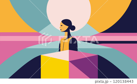 woman in yellow shirt doing multiple tasks 120138443