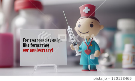 Humorous medical-themed valentine's card with cartoon character for anniversaries 120138469