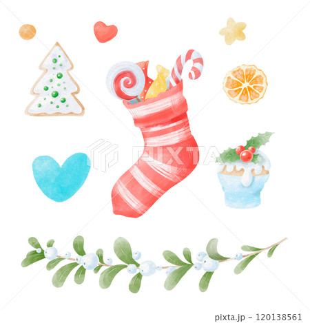 Watercolor illustration Christmas set of gifts, sweets, elements Watercolor illustration Christmas set of gifts, sweets, elements 120138561