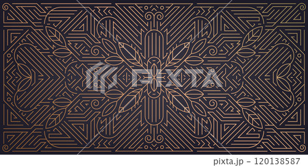 Vector art deco leaves pattern, luxury fancy ornament, prestige floral gatsby background. Gold on black nouveau illustration. 120138587
