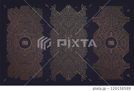 Vector set art deco gold line frames, abstract gatsby bordes, ornament borders, premium illustrations. Classic geometric patterns, floral textures. 120138589