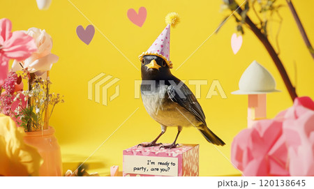 Valentine's party scene with festive bird and heart decor for card design 120138645