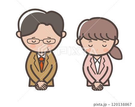 頭を下げてお詫びするスーツ姿の男女ビジネスマンの上半身イラスト_上司と部下セット 120138867