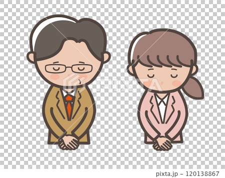 頭を下げてお詫びするスーツ姿の男女ビジネスマンの上半身イラスト_上司と部下セット 120138867