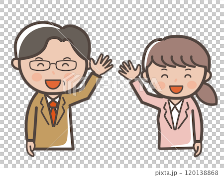 身穿西裝的男女商人上半身插圖，笑容滿面地打招呼_老闆和下屬組 120138868