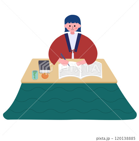 こたつに入って半纏を着て勉強する若い女性のイラスト 120138885