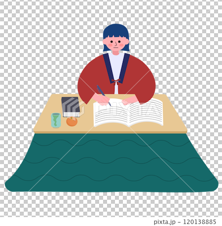 一名年輕女子穿著短外套在被爐下學習的插圖 一名年輕女子穿著短外套在被爐下學習的插圖 120138885