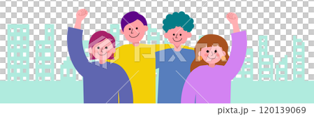 街を背景に若者たちが腕を組んで一致団結するイラスト 120139069