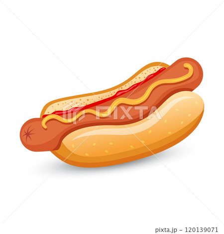 Hotdog icon in flat style. Hot dog fastfood vector illustration on isolated background. Bun with sausage sign business concept. 120139071