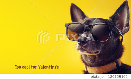 Stylish dog with oversized sunglasses on vibrant yellow background for valentine's theme Stylish dog with oversized sunglasses on vibrant yellow background for valentine's theme 120139162