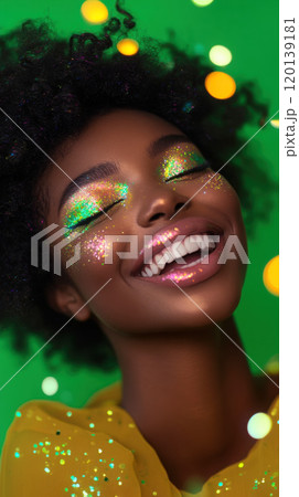Joyful performer with glitter makeup on bright green background for festive designs 120139181