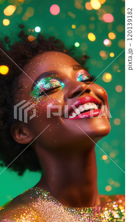 Vibrant performer with glitter makeup under colorful lights for holiday celebration 120139182