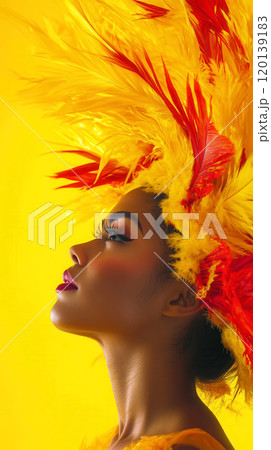 Vibrant carnival dancer in feathered headdress on bright yellow background 120139183