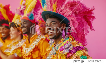 Vibrant carnival performers in colorful feathered costumes 120139248