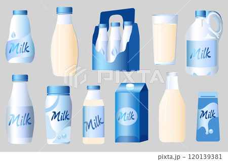 Milk bottle elements in flat graphic design. Collection of different types of dairy drink containers, gallon jug, plastic bottles with lids, cardboard pack with handle, paper box. Vector illustration. Milk bottle elements in flat graphic design. Collection of different types of dairy drink containers, gallon jug, plastic bottles with lids, cardboard pack with handle, paper box. Vector illustration. 120139381