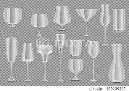 Glass goblets set elements in flat graphic design. Collection of realistic clear transparent glassware for wine, martini, whiskey, champagne and other festive event beverages. Vector illustration. 120139385