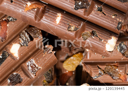 Close-up of milk nut chocolate. Healthy sweets, lactose-free and sugar-free chocolate Close-up of milk nut chocolate. Healthy sweets, lactose-free and sugar-free chocolate 120139445