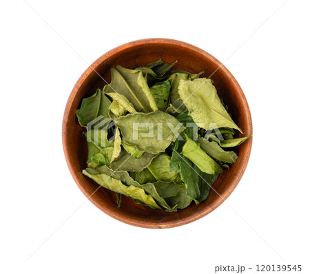 Thai lime dried leaves isolated, makrut lime or Citrus hystrix leaf pile, kaffir lime dry sprouts, Asia spices Thai lime dried leaves isolated, makrut lime or Citrus hystrix leaf pile, kaffir lime dry sprouts, Asia spices 120139545
