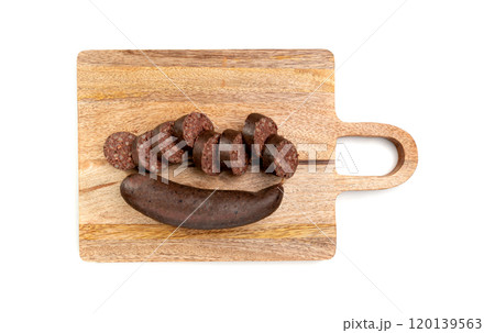 Black pudding isolated, blood sausage kaszanka, traditional Polish terrine, brawn sausages on white Black pudding isolated, blood sausage kaszanka, traditional Polish terrine, brawn sausages on white 120139563