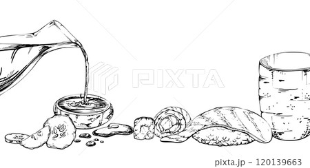 Japanese food nigiri sushi roll, raw fish salmon tuna seabass caviar cucumber, soy sauce jar bowl, matcha tea hand drawn in vector pen, ink. Illustration restaurant, cafe menu, kitchen, recipe book Japanese food nigiri sushi roll, raw fish salmon tuna seabass caviar cucumber, soy sauce jar bowl, matcha tea hand drawn in vector pen, ink. Illustration restaurant, cafe menu, kitchen, recipe book 120139663