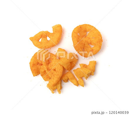 Corn puff snack isolated, crunchy cereal nosh, crispy yellow rice breakfast with paprika Corn puff snack isolated, crunchy cereal nosh, crispy yellow rice breakfast with paprika 120140039