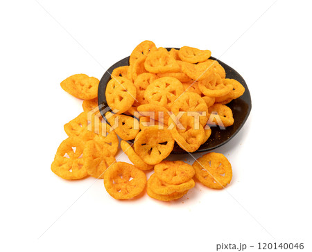 Corn puff snack isolated, crunchy cereal nosh, crispy yellow rice breakfast with paprika 120140046