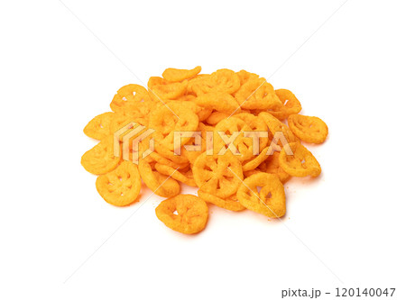 Corn puff snack isolated, crunchy cereal nosh, crispy yellow rice breakfast with paprika 120140047