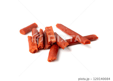 Fish Jerky Isolated, Dry Salted Seafood Snack, Hake Stockfish, Small Pieces of Dehydrated Pollock Fish Jerky Isolated, Dry Salted Seafood Snack, Hake Stockfish, Small Pieces of Dehydrated Pollock 120140084