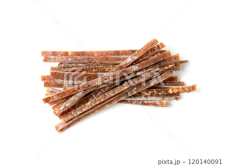 Fish Jerky Isolated, Dry Salted Seafood Snack, Hake Stockfish, Small Pieces of Dehydrated Pollock 120140091