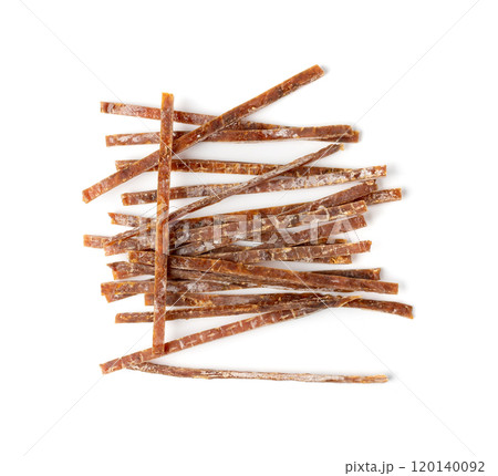 Fish Jerky Isolated, Dry Salted Seafood Snack, Hake Stockfish, Small Pieces of Dehydrated Pollock 120140092