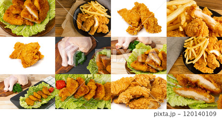 Breaded Fried Chicken Fillet Collage, Hot Crispy Chicken Nuggets, Fillet Strips, Meat Pieces Breaded Fried Chicken Fillet Collage, Hot Crispy Chicken Nuggets, Fillet Strips, Meat Pieces 120140109