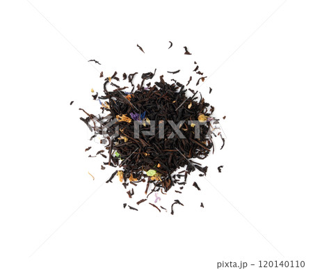 Flavored Black Tea Leaves Isolated, High Quality Black Tea Pile with Fruits and Flowers, Organic Indian Drink Flavored Black Tea Leaves Isolated, High Quality Black Tea Pile with Fruits and Flowers, Organic Indian Drink 120140110
