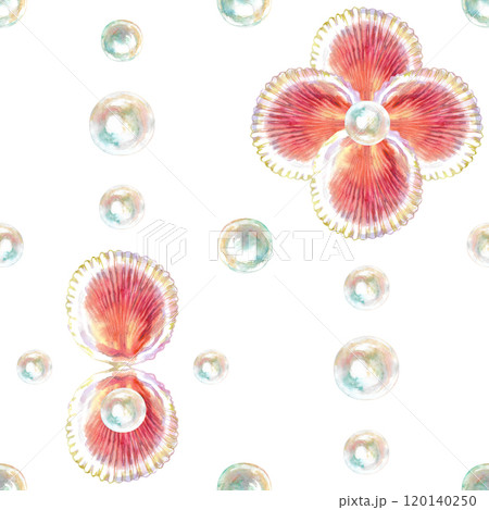 Pattern of scallop, bivalve marine mollusk, grooved shell with pearls in watercolor. Red Scallop, Calico Scallop, Argopecten Gibbus. This shell's side is concave in shape. Circular shaped with Pattern of scallop, bivalve marine mollusk, grooved shell with pearls in watercolor. Red Scallop, Calico Scallop, Argopecten Gibbus. This shell's side is concave in shape. Circular shaped with 120140250