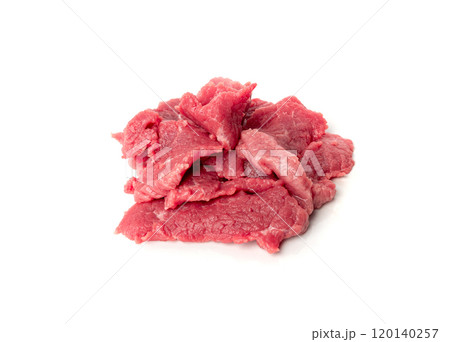 Raw beef thin slices, beef strips isolated, fresh beef prepared for cooking, steak slices on plate, beef fillet 120140257