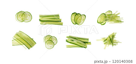 Cucumber cut isolated, cucumber slices macro, green vegetable cuts for salad isolated, healthy fresh pieces 120140308