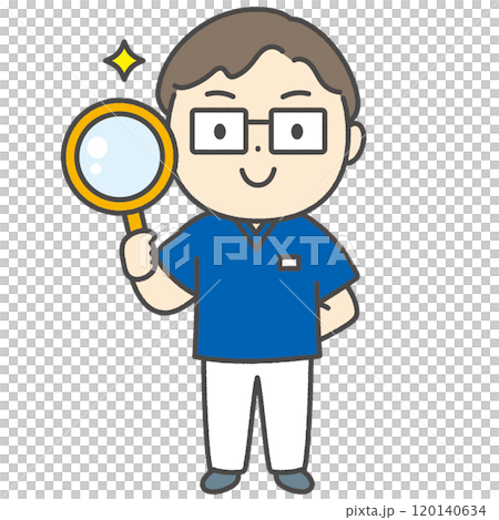 虫めがねを持つ歯科医師　キャラクターイラスト　アイコン 120140634