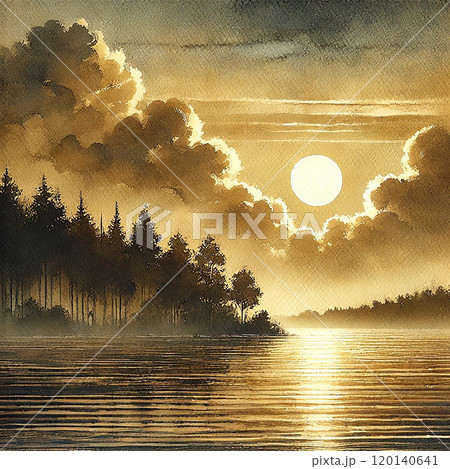 夕暮れの湖と雲に包まれた美しい風景 120140641