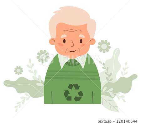 Cute gray-haired elderly man in fashionable sweater from recycling textile. Modern light-skinned grandpa Eco friendly clothing sustainable fashion. Recycle and environmental care. Vector illustration. 120140644