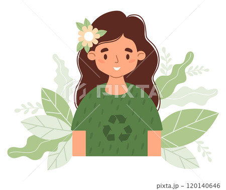 Ecology lifestyle. Happy girl in fashionable recycling textile clothes. Eco friendly clothing sustainable fashion. Recycle and environmental care concept and conscious young man. Vector illustration. 120140646