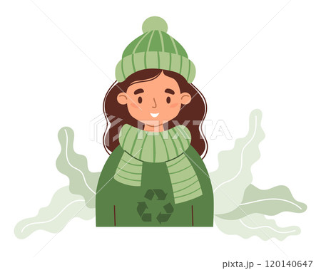 Cute girl in fashionable winter knitwear made from recycled material. Eco friendly clothing sustainable fashion. Recycle and environmental care concept. Ecology lifestyle. Vector illustration. 120140647