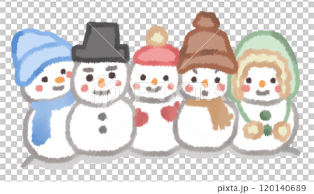 A friendly family of snowmen lined up side by side A friendly family of snowmen lined up side by side 120140689
