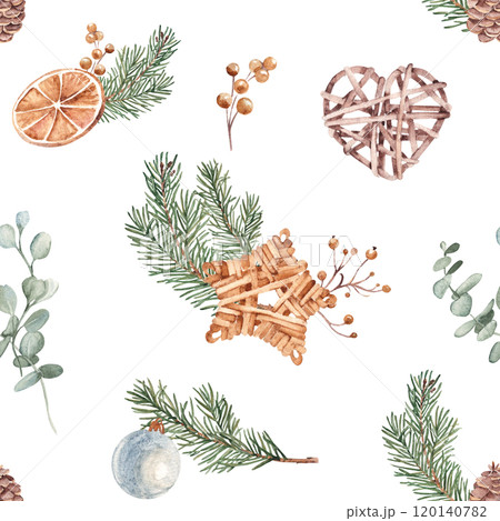 Christmas Seamless Pattern with Winter Plants, Dried Orange slices and Wooden Christmas Toys, Wicker Heart and Star made of rattan. Hand drawn Watercolor Illustration of forest Pine branches and cones Christmas Seamless Pattern with Winter Plants, Dried Orange slices and Wooden Christmas Toys, Wicker Heart and Star made of rattan. Hand drawn Watercolor Illustration of forest Pine branches and cones 120140782