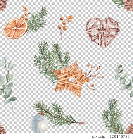 Christmas Seamless Pattern with Winter Plants, Dried Orange slices and Wooden Christmas Toys, Wicker Heart and Star made of rattan. Hand drawn Watercolor Illustration of forest Pine branches and cones Christmas Seamless Pattern with Winter Plants, Dried Orange slices and Wooden Christmas Toys, Wicker Heart and Star made of rattan. Hand drawn Watercolor Illustration of forest Pine branches and cones 120140782