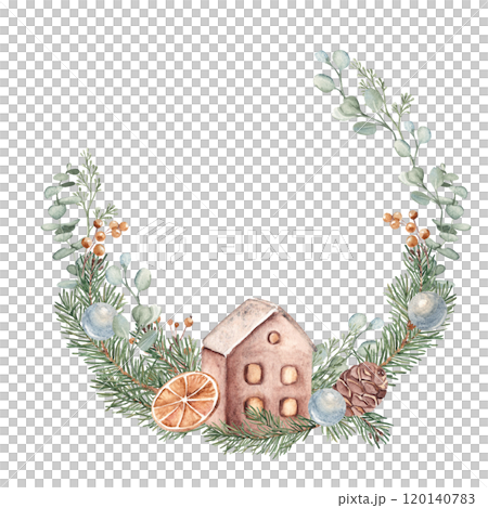 Christmas Wreath with Winter plants and Ceramic House, Lanterns for Candles. Hand drawn Botanical Illustration of Fir Branches, Eucalyptus, Pine Cones and dried Orange slices isolated on white Christmas Wreath with Winter plants and Ceramic House, Lanterns for Candles. Hand drawn Botanical Illustration of Fir Branches, Eucalyptus, Pine Cones and dried Orange slices isolated on white 120140783