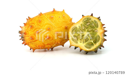Tropical Kiwano Fruit Display Against Plain White Background Tropical Kiwano Fruit Display Against Plain White Background 120140789