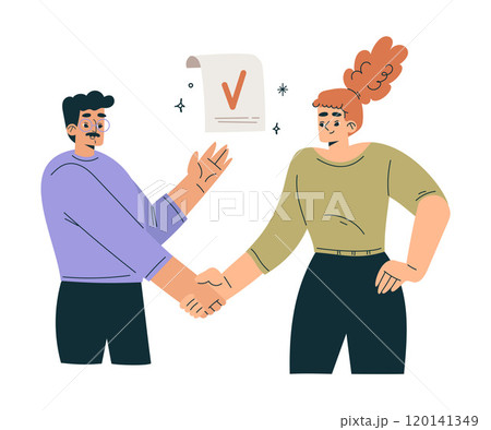 Productive Team with Business Man and Woman Handshake Work Together Vector Illustration 120141349