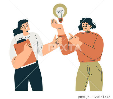 Productive Team with Business Woman with Lightbulb Work Together Vector Illustration 120141352