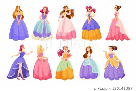 Girl Princess in Pretty Dress and Attire Standing and Smiling Vector Set 120141387