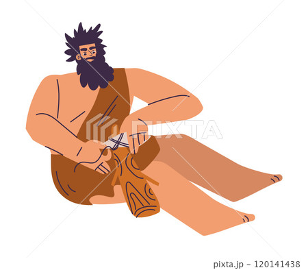 Primitive Man Character and Caveman in Loincloth Make Tool Vector Illustration 120141438