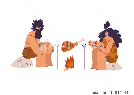 Primitive Man and Woman Character and Caveman in Loincloth Sitting and Frying Meat on Fire Vector Illustration 120141440